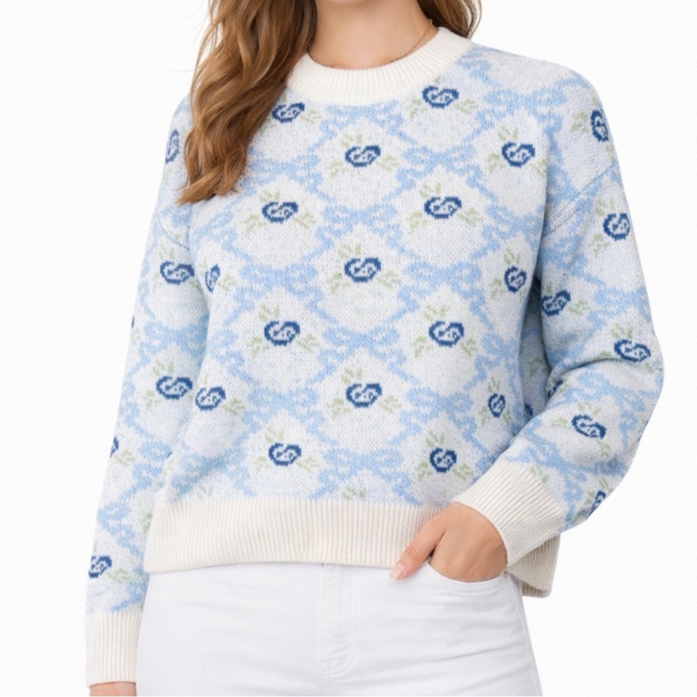 Sincerly Jules‎ Light Blue Floral Bow Crewneck Sweater NWT Size Medium